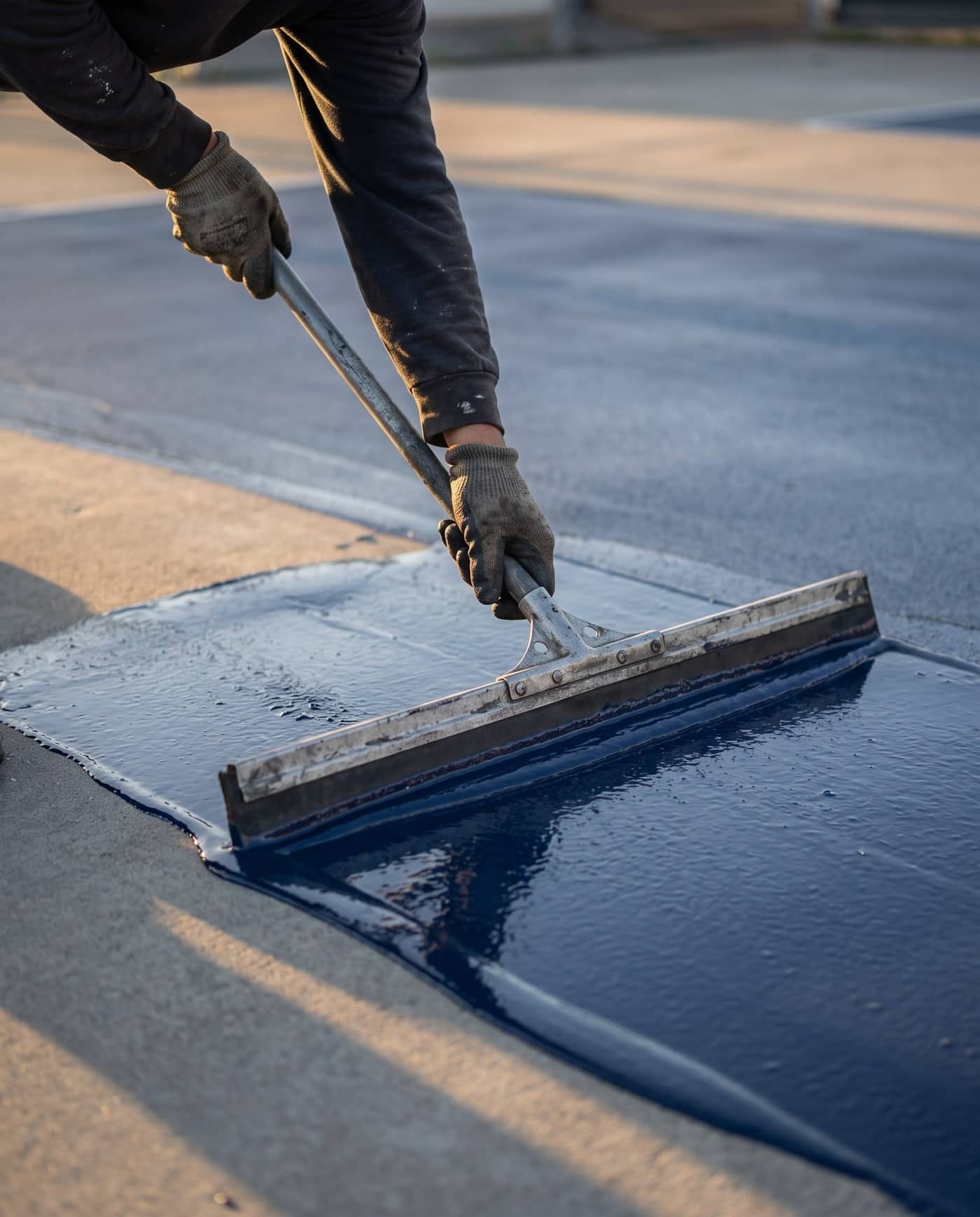 Hands spreading acrylic coating across a court with a squeegee