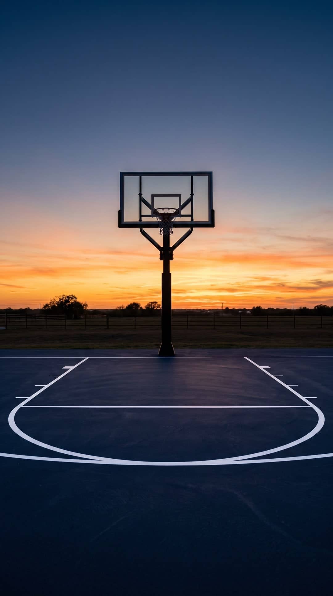 Basketball hoop over a backyard court at sunset